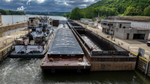 Drone aerial photo of Toe boat and barges in lock near Pittsbburgh PA