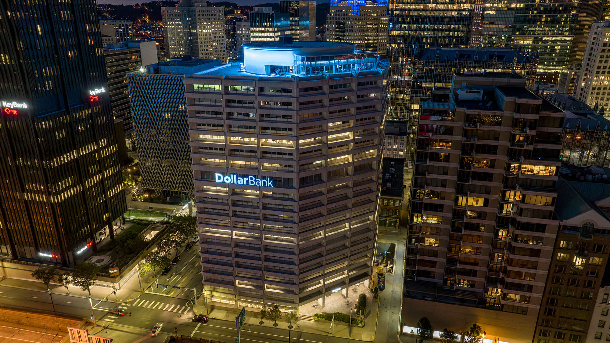 Night time Drone image of Dollar Bank in Downtown Pittsburgh, PABld