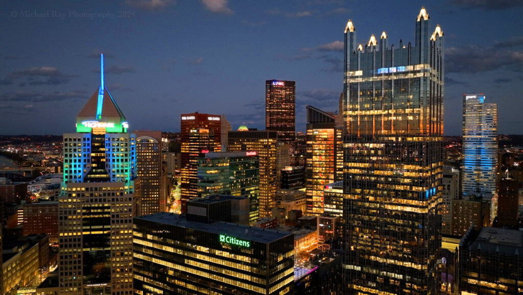 Pittsburgh skyline at dusk, shot with drone