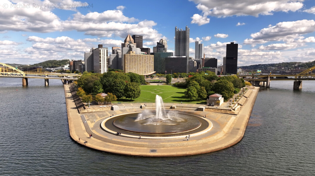 Drone photography of the fountain, at Point State Park, in Pittsburgh PA