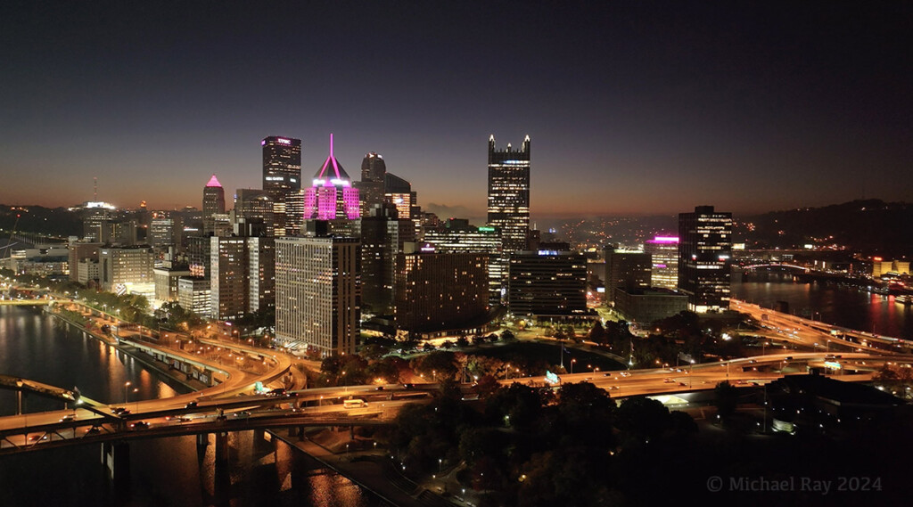 Drone photo of Pittsburgh at dawn